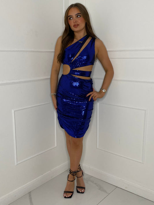 Ruched Side Cut Out Sequin Dress - Blue