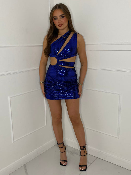 Ruched Side Cut Out Sequin Dress - Blue