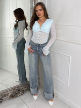 Frill Detail Gold Button Long Sleeve Lace Bodysuit - Baby Blue