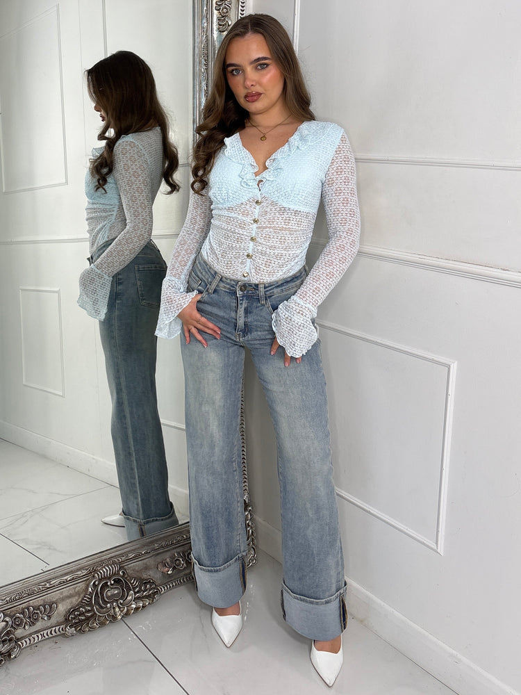 Frill Detail Gold Button Long Sleeve Lace Bodysuit - Baby Blue