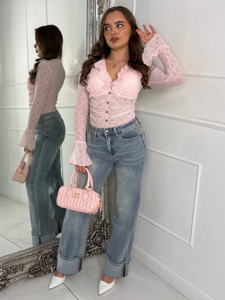 Frill Detail Gold Button Long Sleeve Lace Bodysuit - Baby Pink