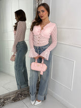 Frill Detail Gold Button Long Sleeve Lace Bodysuit - Baby Pink