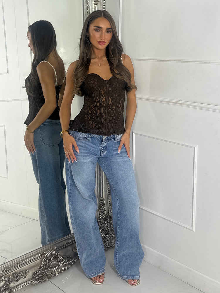 Lace Corset With Pearl Detail Straps - Brown