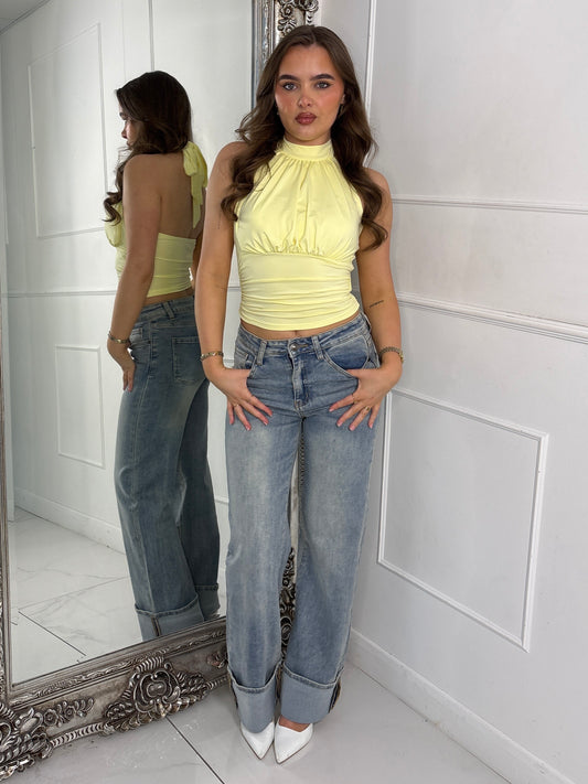 Halter Neck Ruche Detail Backless Top - Lemon Yellow