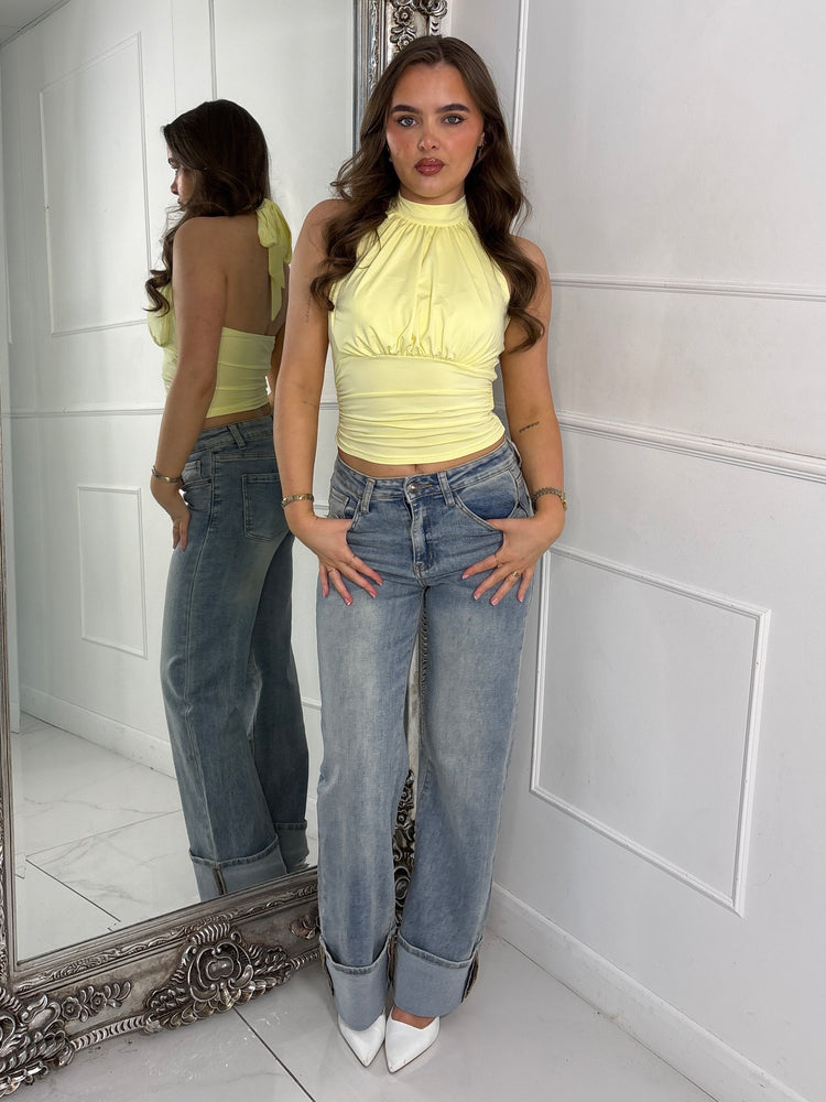 Halter Neck Ruche Detail Backless Top - Lemon Yellow