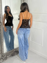 Lace Corset With Pearl Detail Straps - Brown
