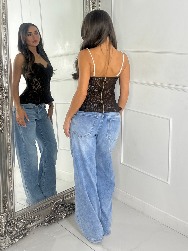 Lace Corset With Pearl Detail Straps - Brown
