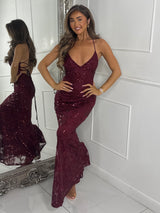 Strappy Lace Up Back Sequin Detail Maxi Dress - Wine