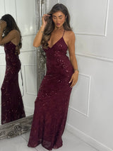 Strappy Lace Up Back Sequin Detail Maxi Dress - Wine