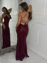 Strappy Lace Up Back Sequin Detail Maxi Dress - Wine
