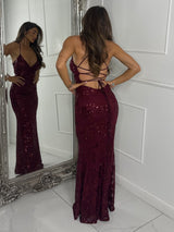 Strappy Lace Up Back Sequin Detail Maxi Dress - Wine