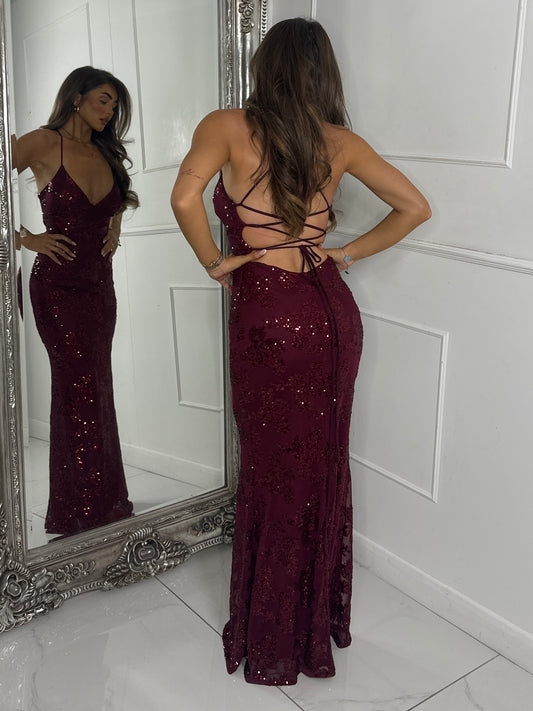 Strappy Lace Up Back Sequin Detail Maxi Dress - Wine