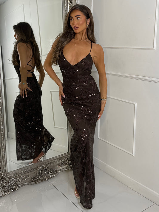 Strappy Lace Up Back Sequin Detail Maxi Dress - Brown