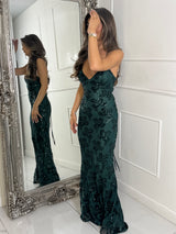 Strappy Lace Up Back Sequin Detail Maxi Dress - Bottle Green