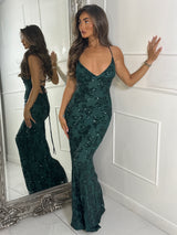 Strappy Lace Up Back Sequin Detail Maxi Dress - Bottle Green