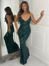 Strappy Lace Up Back Sequin Detail Maxi Dress - Bottle Green