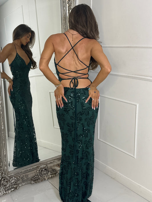 Strappy Lace Up Back Sequin Detail Maxi Dress - Bottle Green