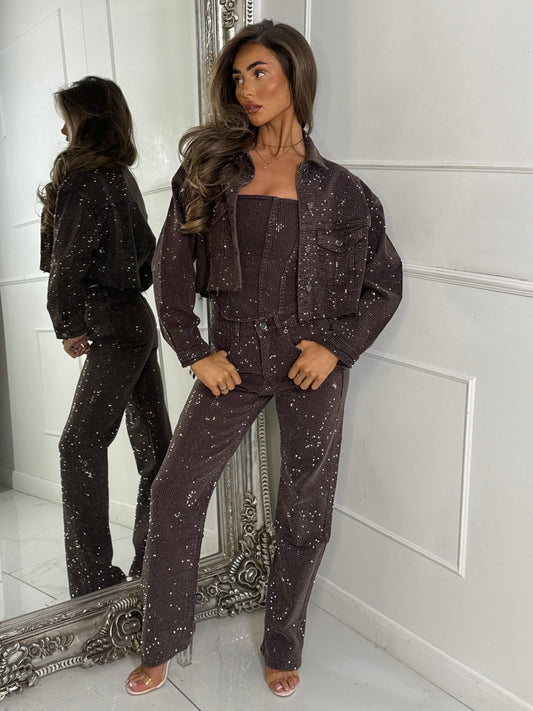 3 Piece Diamante Denim Jeans & Corset & Jacket Set - Brown Denim