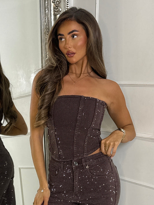 Diamante Corset Top - Brown Denim
