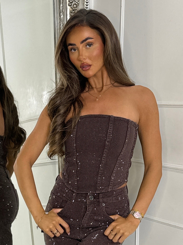 Diamante Corset Top - Brown Denim
