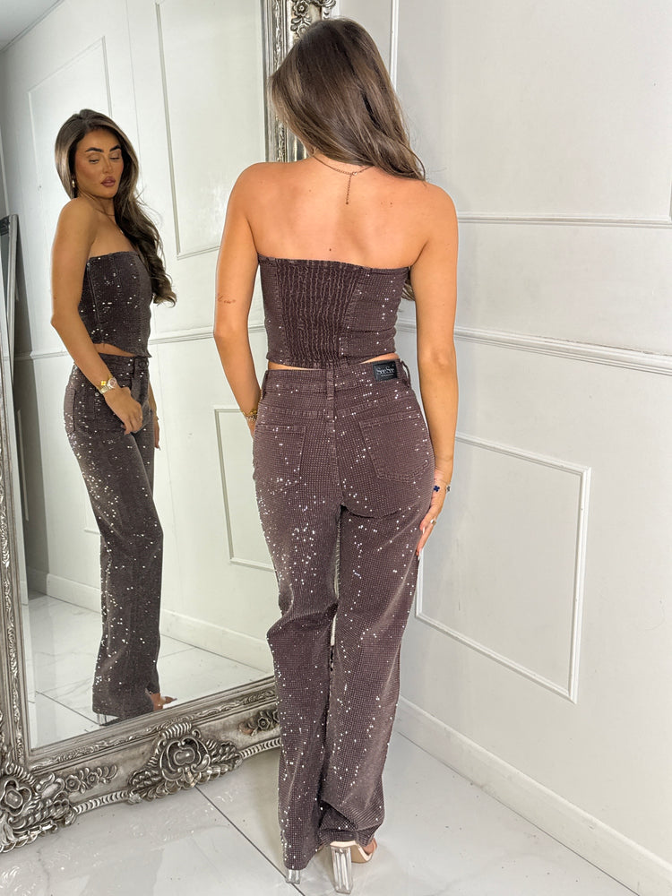 2 Piece Diamante Denim Jeans & Corset Set - Brown Denim