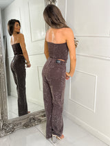 2 Piece Diamante Denim Jeans & Corset Set - Brown Denim