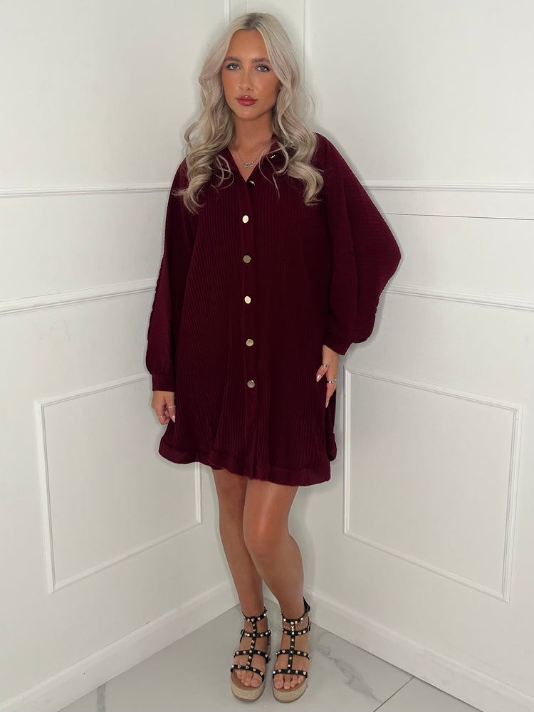 Long Sleeve Pleated Frill Detail Shirt - Wine