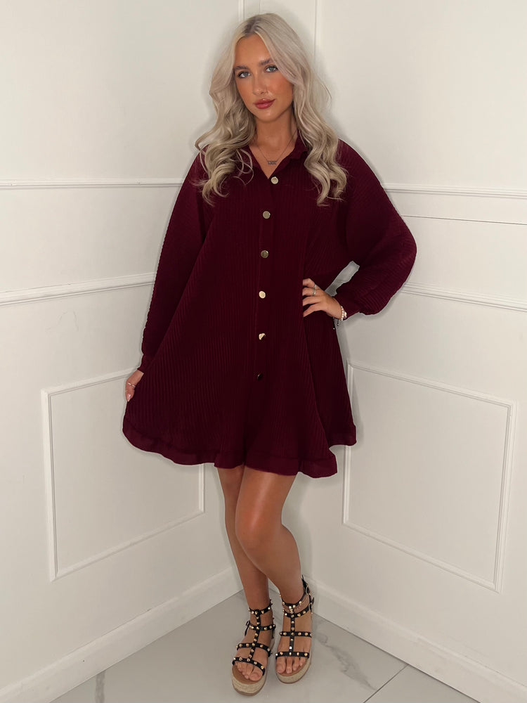 Long Sleeve Pleated Frill Detail Shirt - Wine