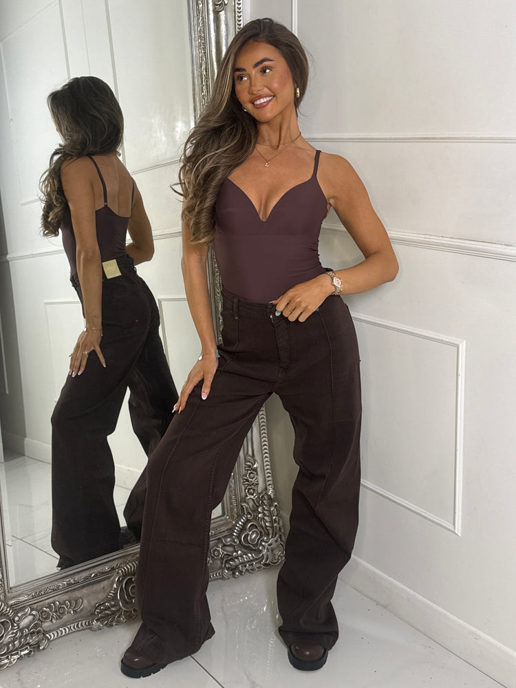 Seam Detail Wide Leg Jeans - Brown