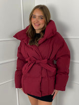 Short Belted Puffer Jacket - Wine