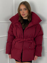 Short Belted Puffer Jacket - Wine