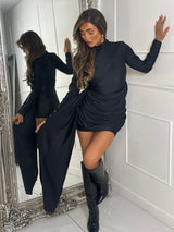 High Neck Long Sleeve Sash & Drape Detail Dress - Black