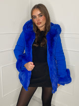 Fur Trim Seatbelt Buckle Coat- Blue