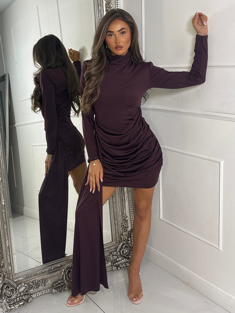 High Neck Long Sleeve Sash & Drape Detail Dress - Wine