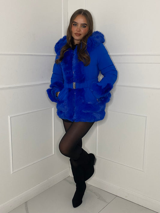 Fur Trim Seatbelt Buckle Coat- Blue