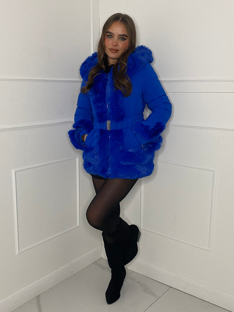 Fur Trim Seatbelt Buckle Coat- Blue