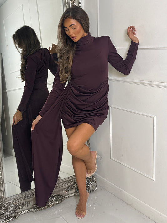 High Neck Long Sleeve Sash & Drape Detail Dress - Wine