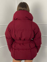 Short Belted Puffer Jacket - Wine