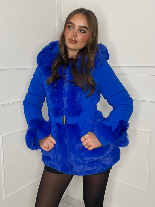 Fur Trim Seatbelt Buckle Coat- Blue