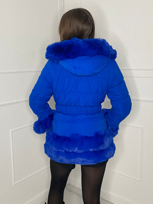 Fur Trim Seatbelt Buckle Coat- Blue