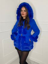 Fur Trim Seatbelt Buckle Coat- Blue