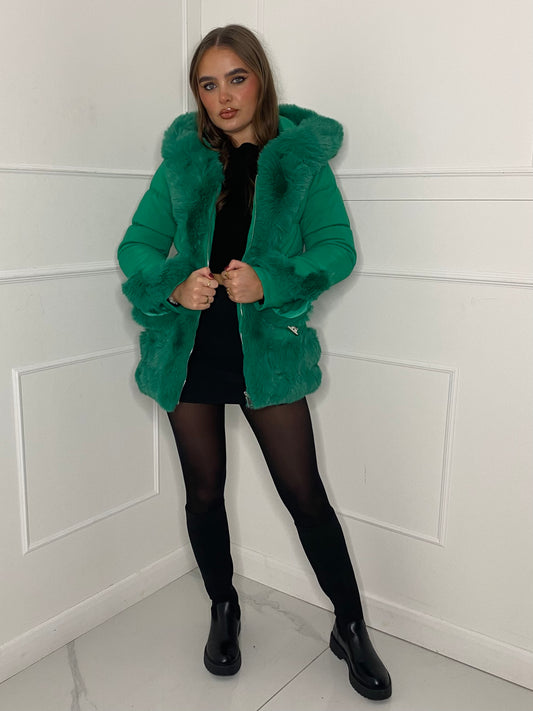 Fur Trim Seatbelt Buckle Coat- Green