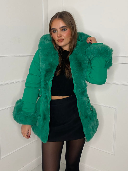 Fur Trim Seatbelt Buckle Coat- Green