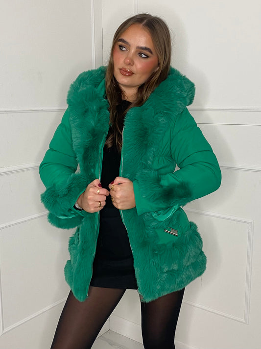 Fur Trim Seatbelt Buckle Coat- Green