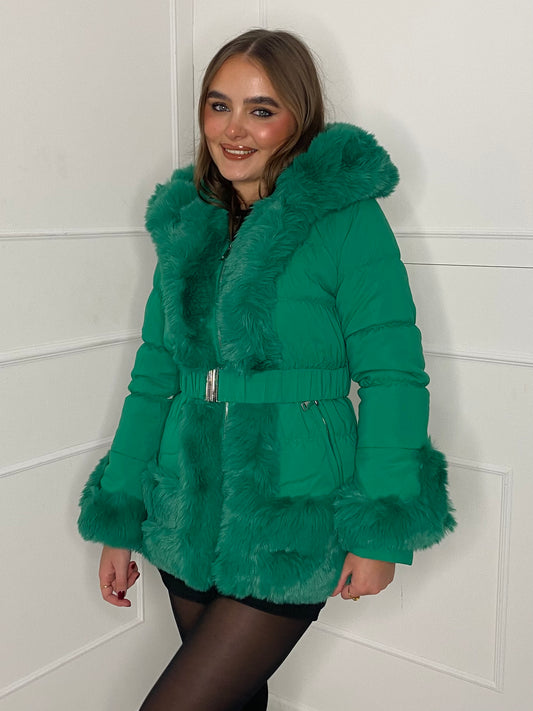 Fur Trim Seatbelt Buckle Coat- Green