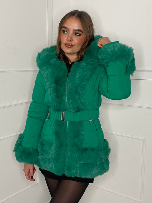 Fur Trim Seatbelt Buckle Coat- Green