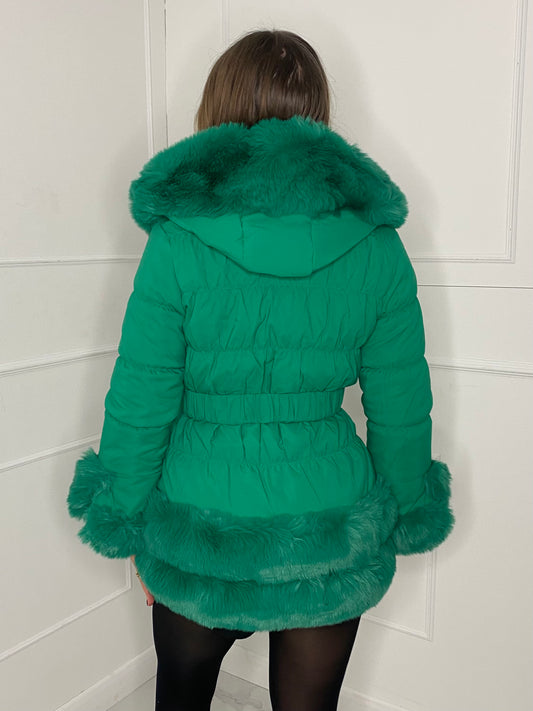 Fur Trim Seatbelt Buckle Coat- Green