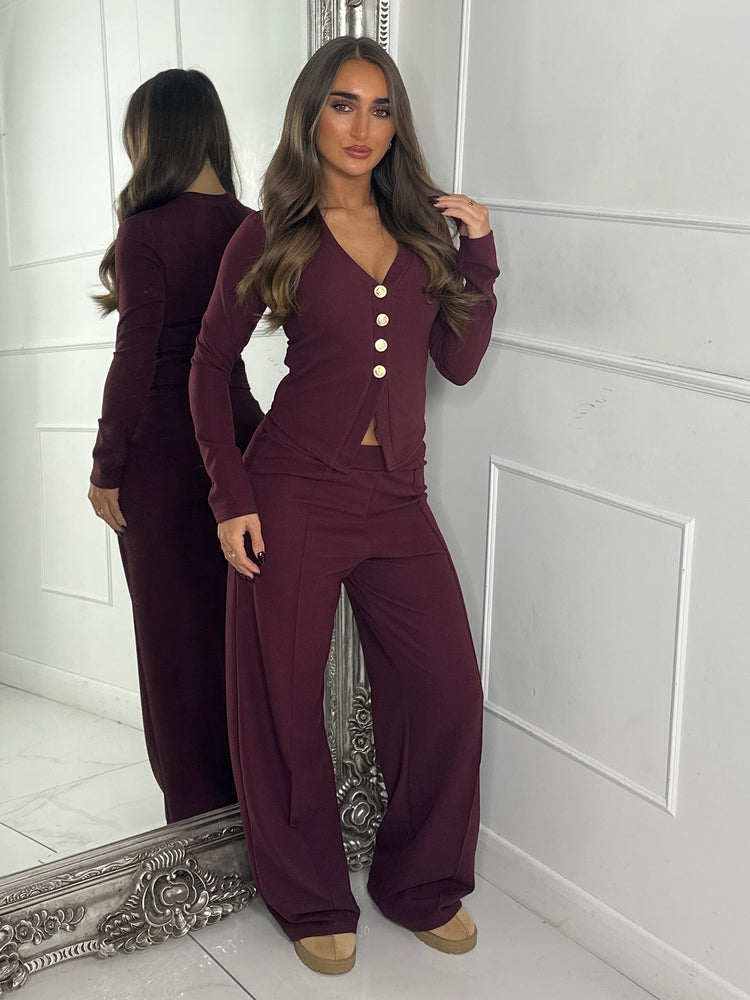 Long Sleeve Vneck Gold Button Pants Co-Ord - Wine