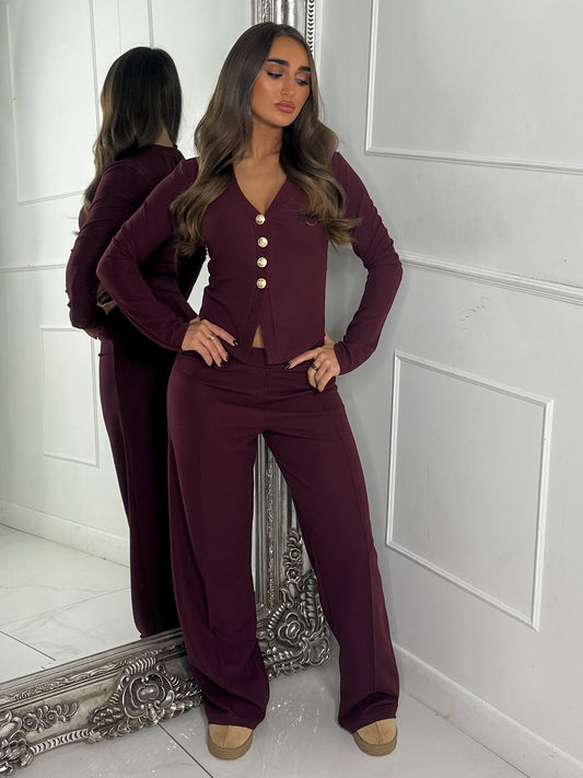 Long Sleeve Vneck Gold Button Pants Co-Ord - Wine
