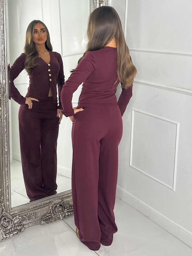 Long Sleeve Vneck Gold Button Pants Co-Ord - Wine